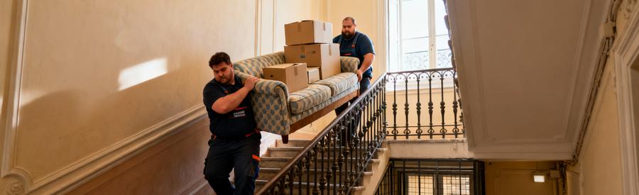 Débarrasseurs transportant mobilier escaliers étroits immeuble cannois sans ascenseur, contraintes accès