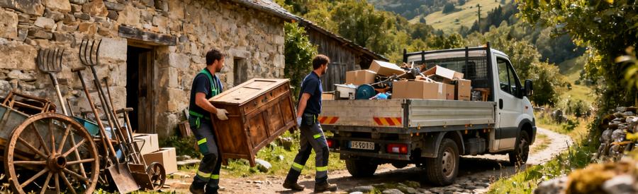 Professionnels évacuant encombrants ferme isolée Cantal, terrain montagnard accidenté