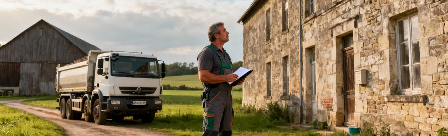 Debarras Ferme Rurale Aisne Volume Important Débarrasseur évaluant corps de ferme Aisne, bâtisse volumineuse et camion professionnel