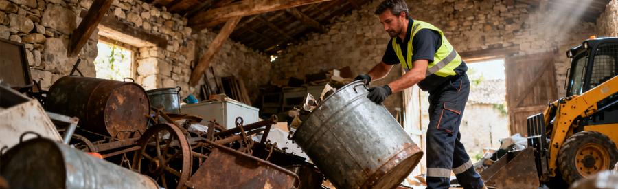 Débarrasseur évacuant matériel agricole volumineux grange ancienne Ardèche, ferraille et cuves lourdes