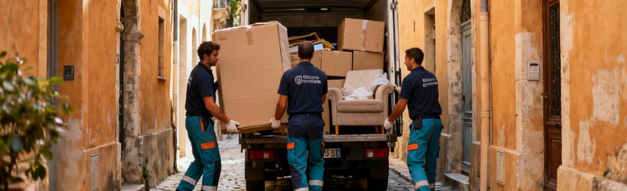Débarrasseurs évacuant mobilier ruelles étroites vieux Grasse, portage manuel escaliers