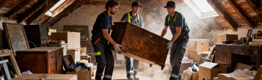 Équipe débarrasseurs évacuant encombrants grenier succession Lambersart, objets accumulés