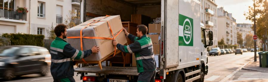 Débarrasseurs chargeant encombrants camion rue urbaine Hauts-de-Seine, logistique professionnelle