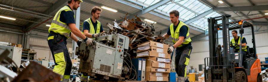 Débarrasseurs évacuant équipements industriels lourds atelier Oyonnax, chariot élévateur