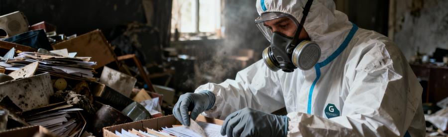 Débarrasseur équipé combinaison protection intervenant logement insalubre encombré, tri minutieux objets