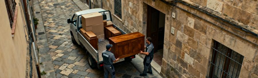 Débarrasseurs manœuvrant encombrants rue étroite pavée, contraintes logistiques centre ancien