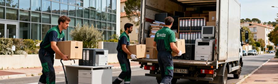 Équipe évacuant mobilier et archives local commercial Antibes, intervention professionnelle rapide