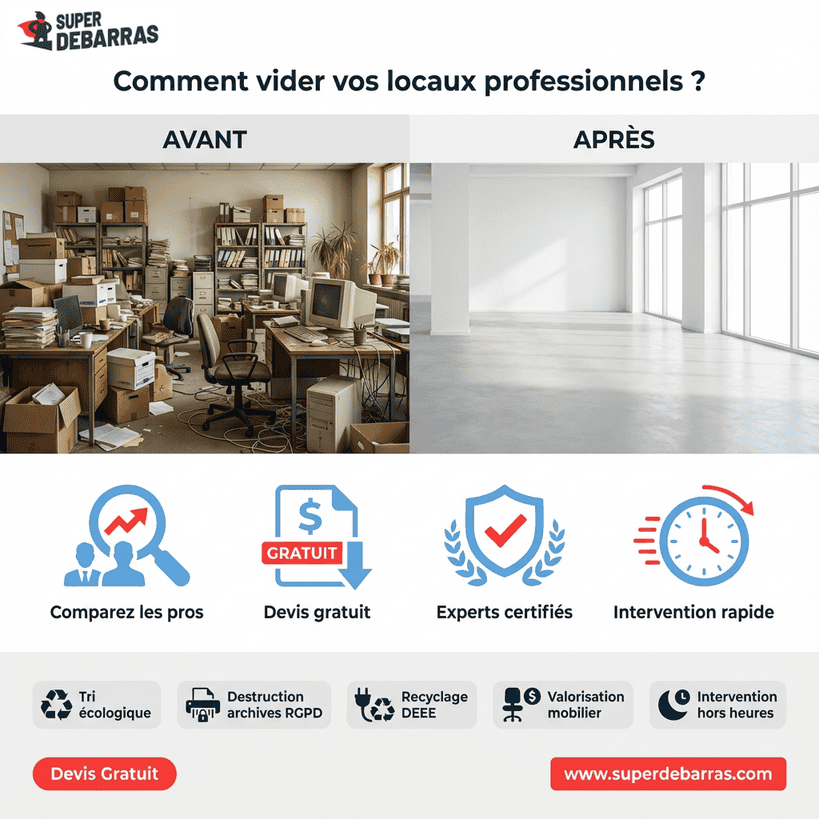 Guide débarras locaux professionnels : avant/après open space, services tri écologique, destruction archives RGPD et recyclage