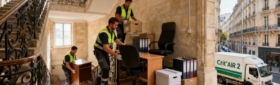 Débarrasseurs évacuant mobilier bureau immeuble haussmannien parisien, escalier étroit sans ascenseur