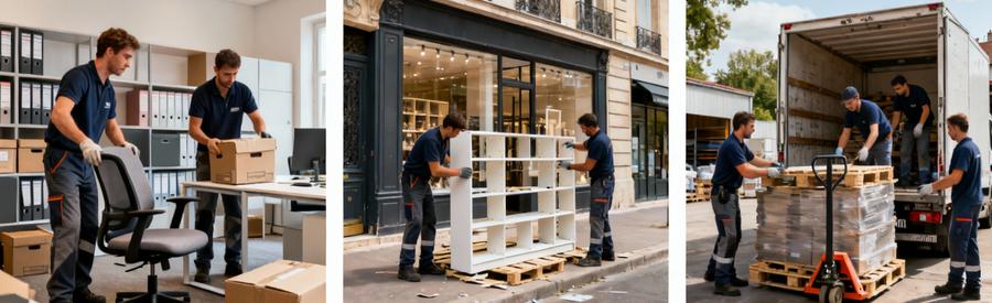 Triptyque débarras locaux professionnels : bureau, commerce, entrepôt avec équipes adaptées