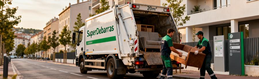 Camion débarras SuperDebarras en intervention quartier résidentiel Lyon métropole