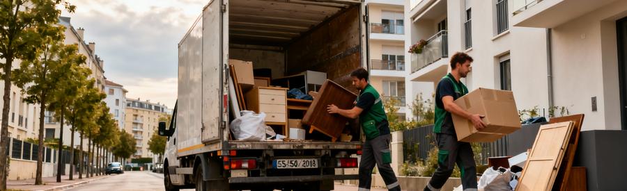 Camion débarras chargement encombrants quartier résidentiel Bordeaux, professionnels en action
