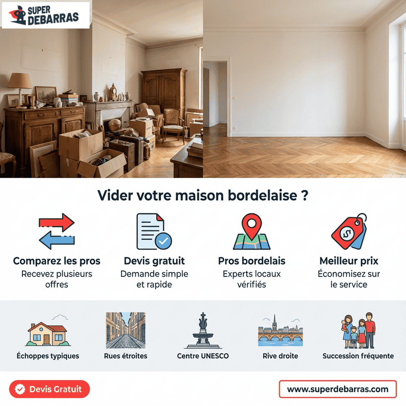 Infographie débarras maison Bordeaux : comparaison avant/après échoppe, services pros locaux, devis gratuit et tarifs