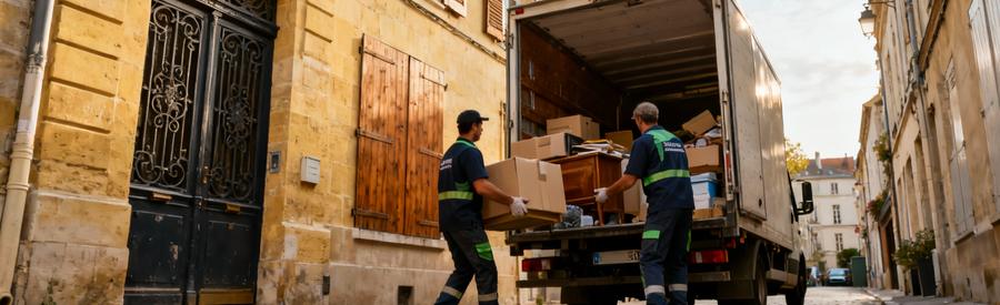 Débarrasseurs évacuant mobilier échoppe bordelaise, rue pavée étroite quartier historique
