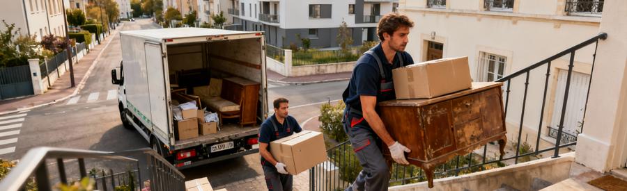 Débarrasseurs évacuant mobilier et encombrants maison Lyon vers camion, intervention professionnelle urbaine