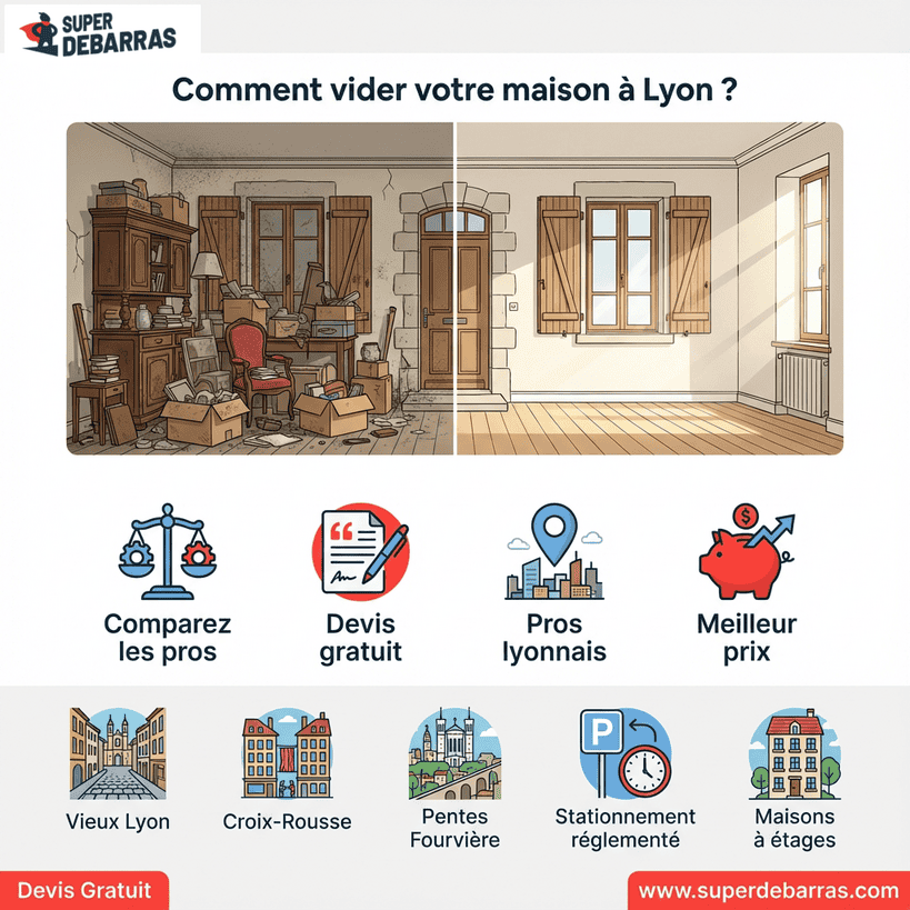 Infographie débarras maison Lyon : comparaison avant/après, services pros locaux, devis gratuit et quartiers desservis