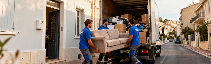 Équipe débarras évacuant mobilier maison marseillaise, camion et professionnels en action