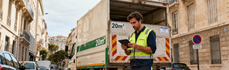 Débarrasseur consultant plan logistique Marseille, camion stationné rue dense, anticipation contraintes urbaines