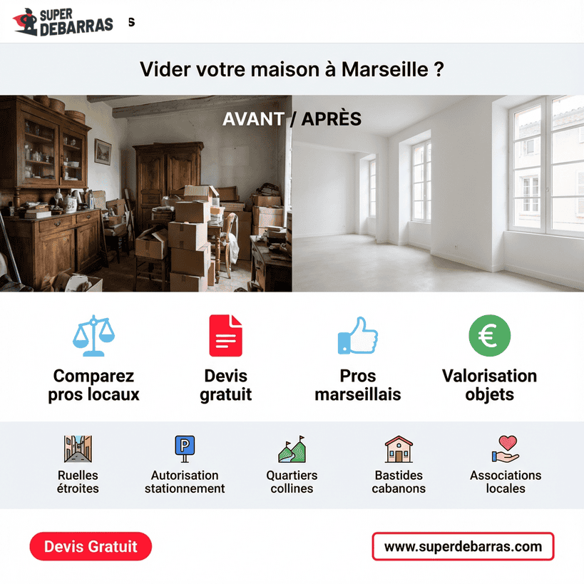 Infographie débarras maison Marseille : avant/après, comparaison pros locaux, devis gratuit et spécificités quartiers marseillais