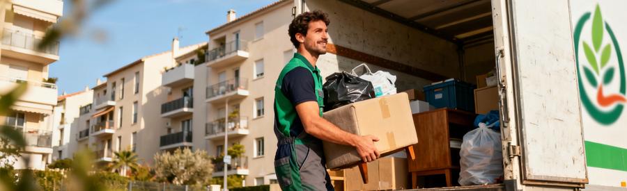 Professionnel chargeant objets réutilisables camion association, débarras solidaire Montpellier