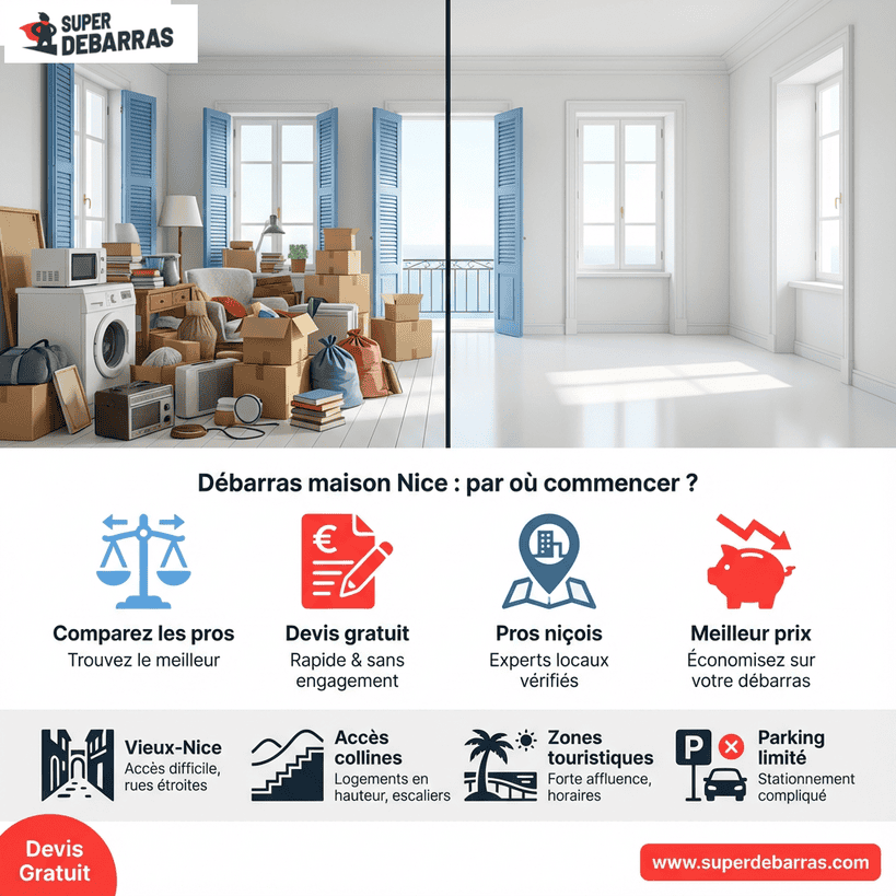 Infographie débarras maison Nice : comparaison avant/après, services pros niçois, devis gratuit et spécificités locales