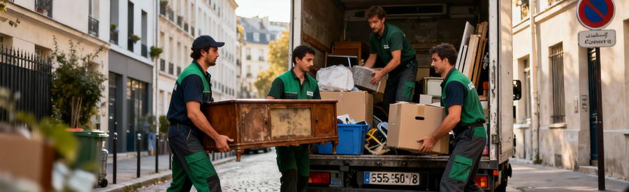 Débarrasseurs chargeant encombrants camion rue parisienne étroite, contraintes stationnement urbain