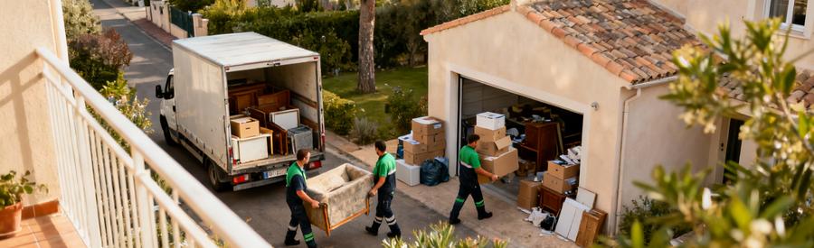 Équipe débarras évacuant encombrants maison périphérie Montpellier, garage et objets accumulés