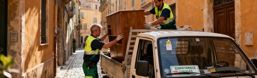 Débarrasseurs manœuvrant fourgonnette compacte ruelle étroite centre historique, contraintes urbaines