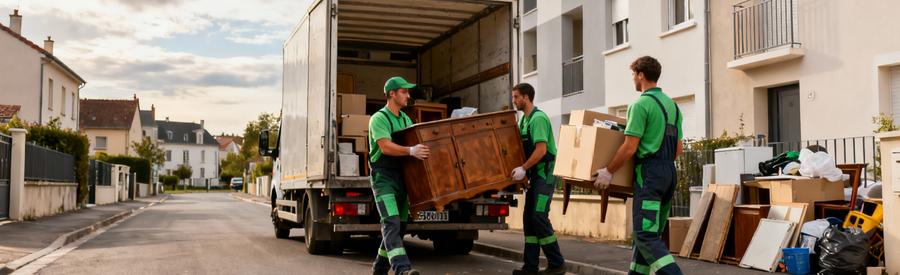 Debarras Montlucon Evacuation Encombrants Maison Équipe débarras évacuant encombrants maison Montluçon, mobilier vers camion professionnel