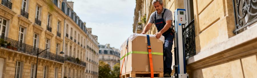 Professionnel utilisant monte-meuble débarras immeuble parisien, équipement adapté centre-ville