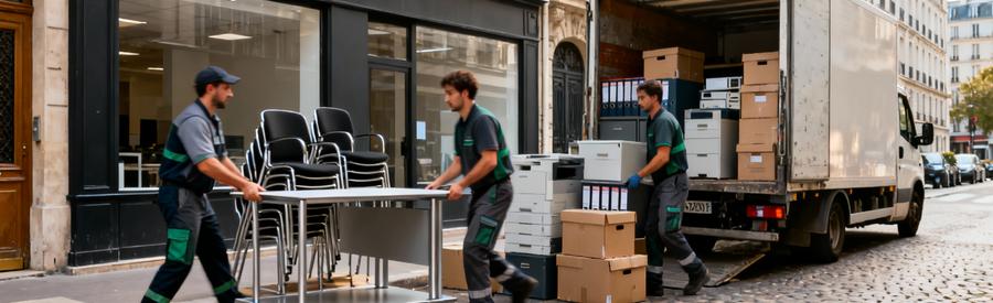 Équipe débarras évacuant mobilier bureau obsolète local commercial Paris 5e, intervention discrète
