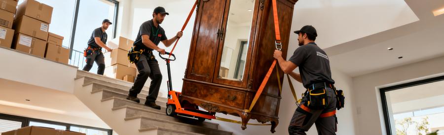 Équipe débarras professionnelle évacuant mobilier avec diable et sangles, manutention sécurisée