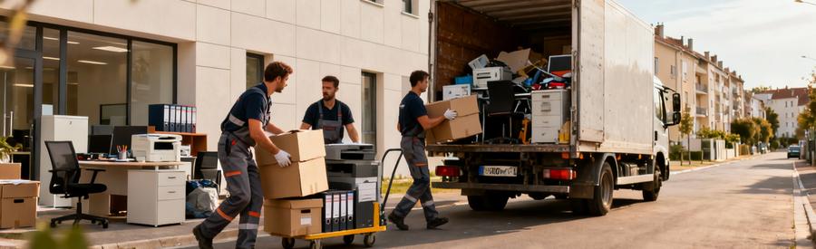 Équipe débarras évacuant encombrants local commercial Val-d'Oise, camion benne quartier urbain