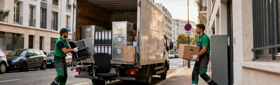 Camion débarras chargeant mobilier bureau quartier Paris, intervention professionnelle Île-de-France