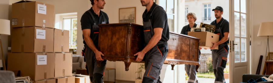 Debarras Professionnel Urgence Succession Hazebrouck Équipe professionnelle évacuant encombrants succession, intervention rapide coordonnée