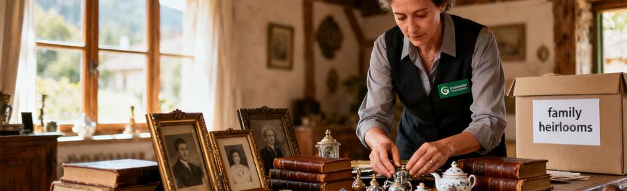 Professionnelle triant objets succession Ardèche avec empathie, cadres et souvenirs personnels