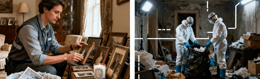 Diptyque débarras succession empathique et intervention Diogène avec équipement protection