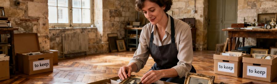 Professionnel triant objets succession échoppe bordelaise, documents et souvenirs familiaux avec soin