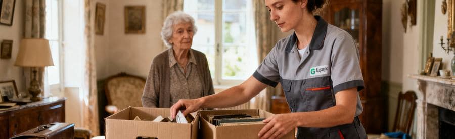 Débarrasseuse triant avec empathie objets succession, cliente présente, respect total