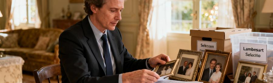 Professionnel triant objets succession Lambersart, documents et souvenirs familiaux avec respect