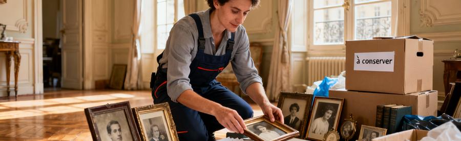 Professionnel triant objets succession maison Lyon, documents et souvenirs familiaux avec soin