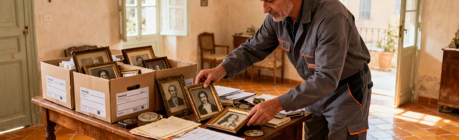 Professionnel triant objets succession maison marseillaise, documents et souvenirs avec soin