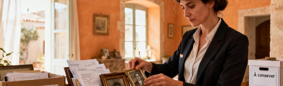 Professionnel triant objets succession Montpellier, documents et souvenirs familiaux avec respect