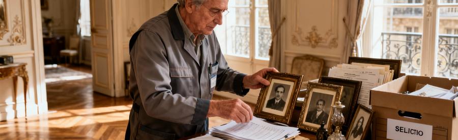 Professionnel triant objets succession appartement parisien, documents et souvenirs avec soin