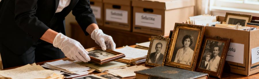 Professionnel triant documents et photos succession avec soin, débarras empathique Bourg-en-Bresse