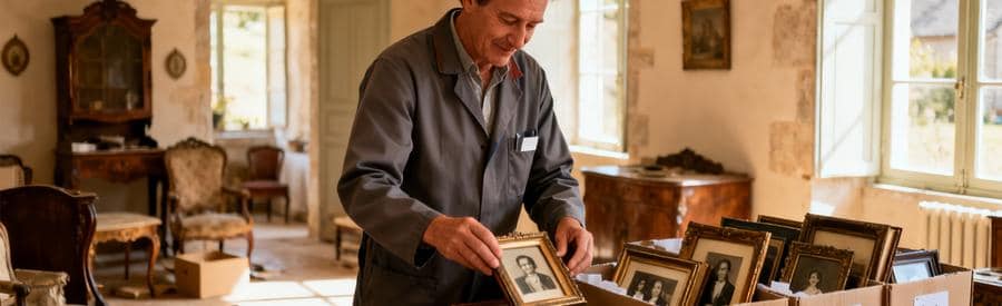 Professionnel triant objets succession avec soin, cadres photos et souvenirs famille Cantal
