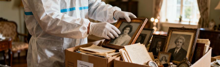 Professionnel triant avec respect objets personnels succession, photos et documents anciens