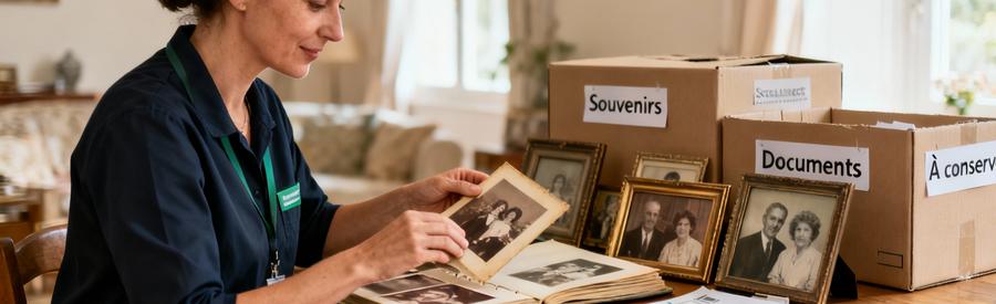 Professionnelle triant objets succession avec empathie, photos et documents familiaux