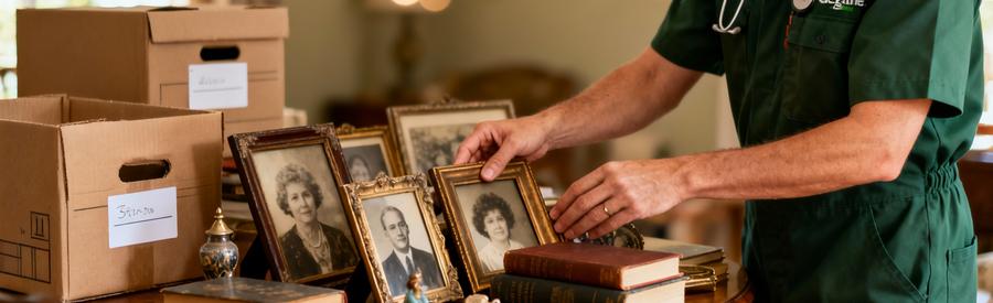 Professionnel triant objets succession avec soin, cadres photos et souvenirs familiaux