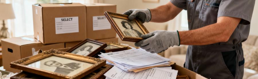 Professionnel triant objets succession avec empathie, souvenirs et documents administratifs